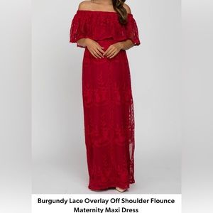 Red Lace Overlay Off Shoulder Flounce Maternity Maxi Dress.